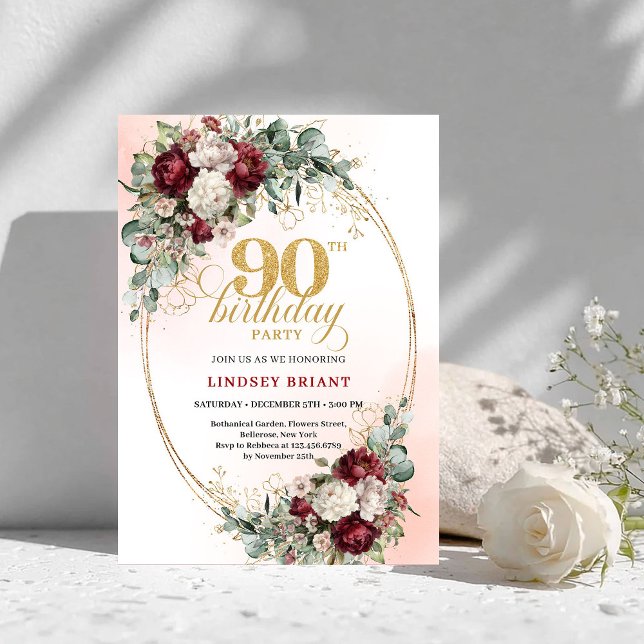 Timeless Maroon Peonies Eucalyptus 90th Birthday Einladung (Timeless Maroon Peonies Eucalyptus 90th Birthday)