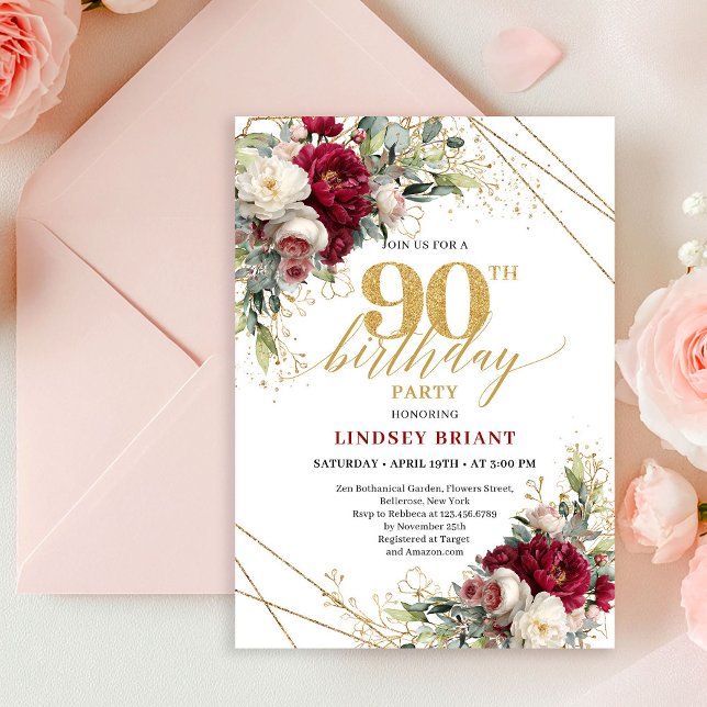 Timeless Marsala Floral Gold 90th Birthday Invite Einladung (Timeless Marsala Floral Gold 90th Birthday Invite)