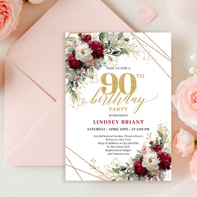 Timeless Merlot Floral Gold 90th Birthday Invite Einladung (Timeless Merlot Floral Gold 90th Birthday Invitation)