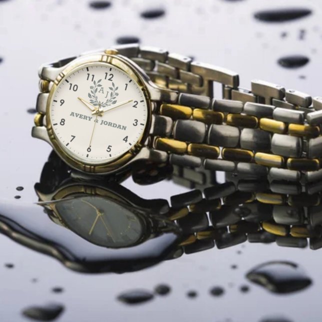 Timeless Monogram Custom Names  Pink Background Armbanduhr (Von Creator hochgeladen)