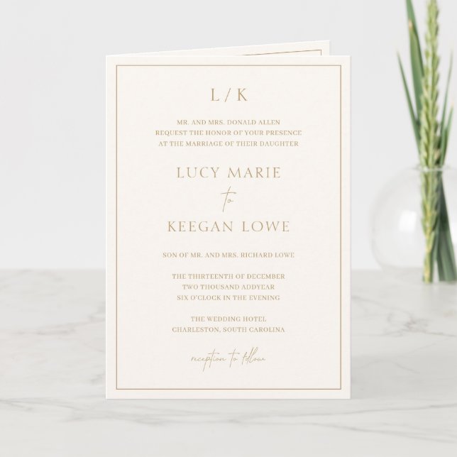 Timeless Monogram Ivory and Gold Elegante Wedding Einladung (Vorderseite)