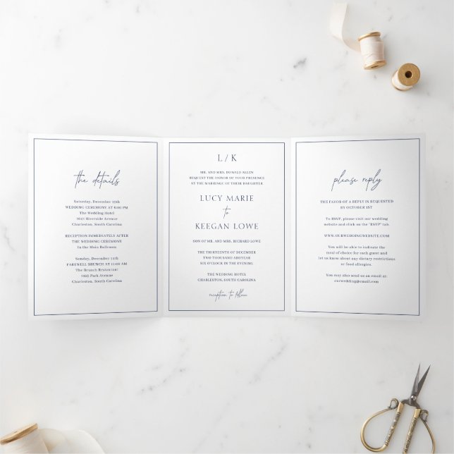 Timeless Monogram Navy Blue Elegant Wedding Dreifach Gefaltete Einladung (Innenseite)