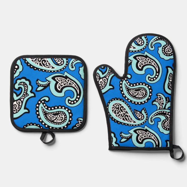 Timeless  Paisley on Blue Background Ofenhandschuh & Topflappen-Set (Vorderseite)