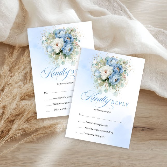 Timeless Pastel Blue Floral Gold Wedding RSVP Card Karte (Timeless Pastel Blue Floral Gold Wedding RSVP Card)