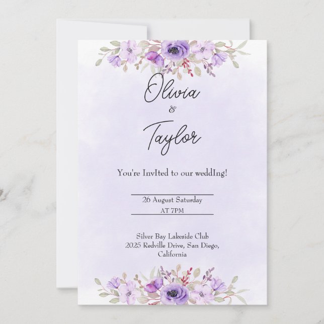 Timeless Purple Minimalist Floral Wedding  Einladung (Vorderseite)
