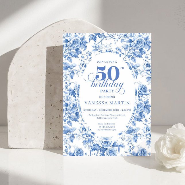 Timeless Royal Blue Toile de Jouy 50th Birthday  Einladung (Timeless Royal Blue Toile de Jouy 50th Birthday Invite)