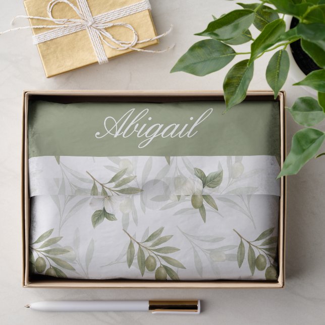 Timeless Sage Olive Watercolor Name Seidenpapier (Geschenk)