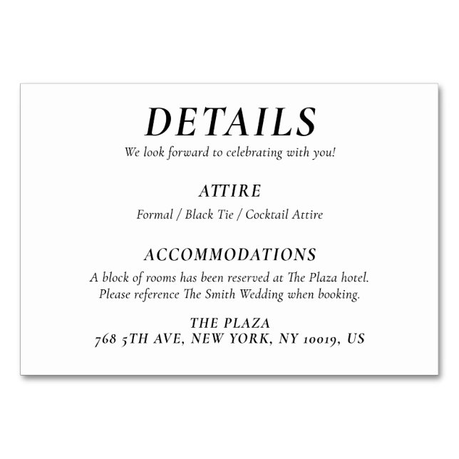 Timeless White Elegant Wedding Detail Cards Tischnummer (Vorderseite)