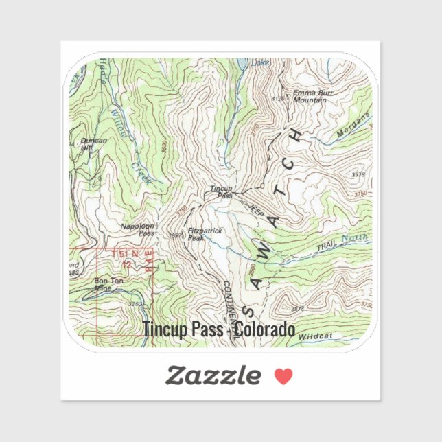 Tincup Pass Colorado Topo Aufkleber (Blatt)