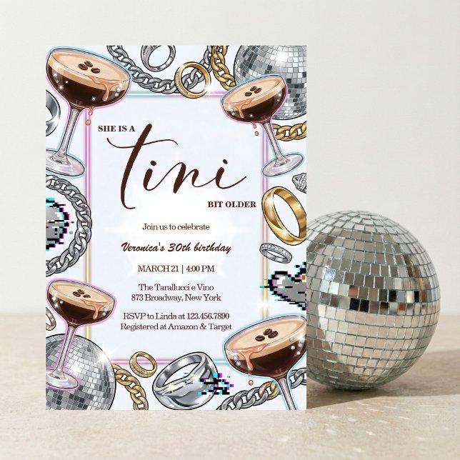 Tini Bit Older Espresso Martini Glam Birthday Einladung (A Tini Bit Older Espresso Martini Disco Glam Neon Party - birthday party invitation)