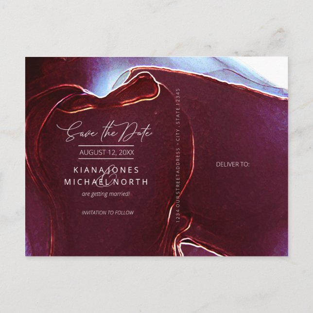 Tinte Flow Wedding Save the Date Burgundy ID762 Ankündigungspostkarte (Rückseite)
