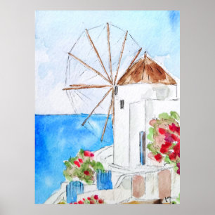 Tinte für griechische Windmühle und Aquarell Poster