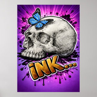 Tinte… Handgezeichneter Totenkopf mit Schmetterlin Poster