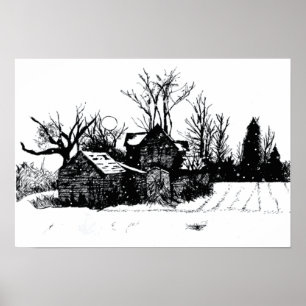 Tinte Sketch Old Farm Winter Scanner Poster