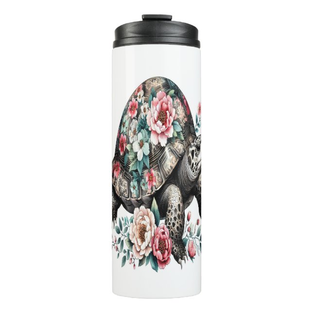 Tinte und Wash Schildkröte mit floraler Muschel. Thermosbecher (Vorderseite)