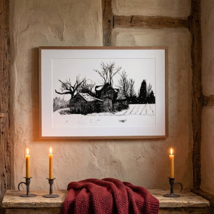 Tinten-Skizze Alte Farm Winterlandschaft Poster