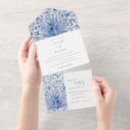 Tintenblauer Verzierte Wasserfarbenpfauenhochzeit All In One Einladung