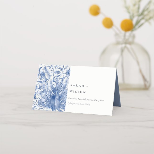 Tintenblauer Verzierte Wasserfarbenpfauenhochzeit Platzkarte (Vorderseite)