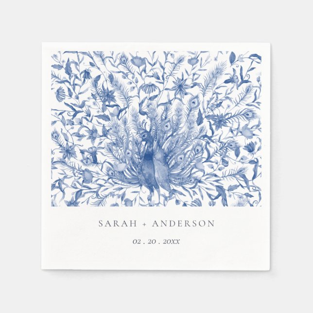 Tintenblauer Verzierte Wasserfarbenpfauenhochzeit Serviette (Vorderseite)