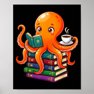 Tintenfisch Buch lesender Kaffeeliebhaber Ozean lu Poster