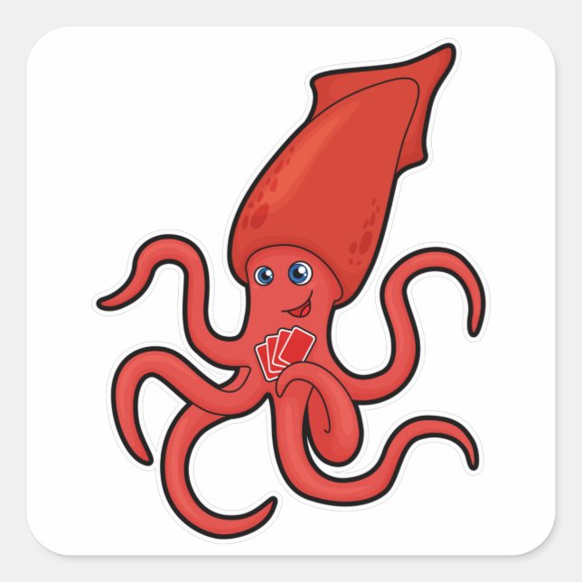 Tintenfisch im Poker mit Poker-Karten Quadratischer Aufkleber (Vorderseite)