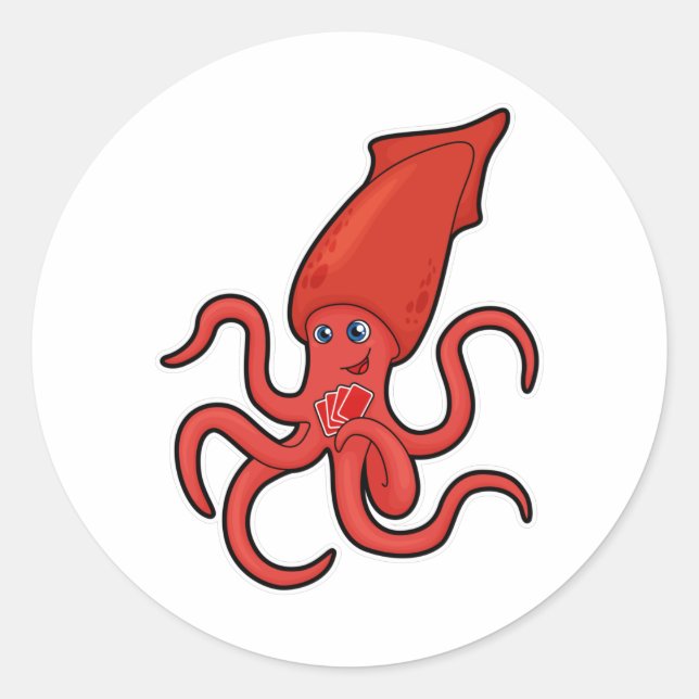 Tintenfisch im Poker mit Poker-Karten Runder Aufkleber (Vorderseite)
