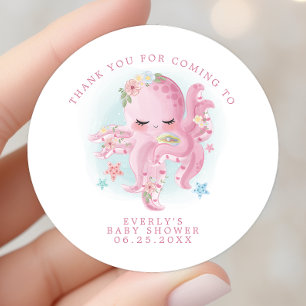 Tintenfisch Rosa Aquarell Mädchen Baby Shower Dank Runder Aufkleber