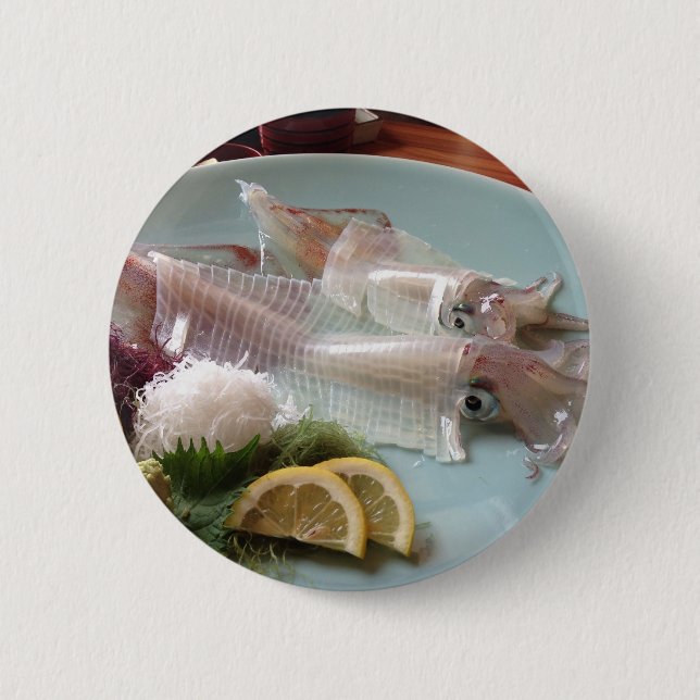 Tintenfisch Sashimi Japanisches Essen zum Mittages Button (Vorderseite)