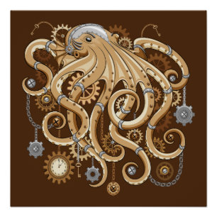 Tintenfisch Steampunk Retro Mechanische Fantasie Poster