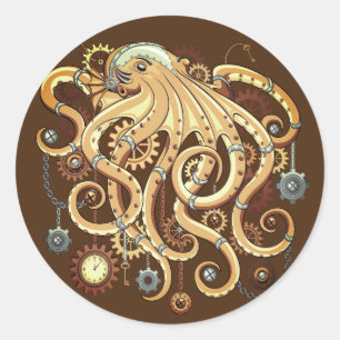 Tintenfisch Steampunk Retro Mechanische Fantasie Runder Aufkleber