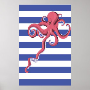 Tintenfisch taucht unter Wasser mit Streifen. Poster