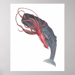 Tintenfisch und Whale Aquarell Kunst drucken Poster