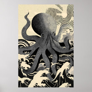 Tintenfisch-Wandkunst-Druck, nautische Ozeanwellen Poster
