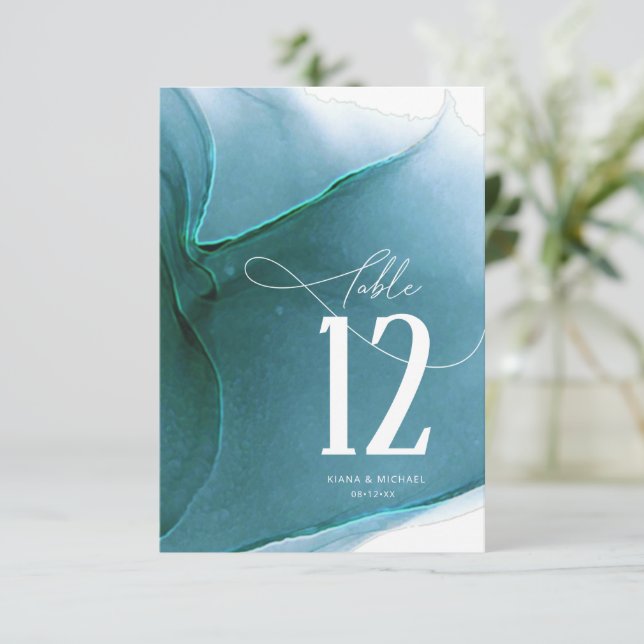 Tintenstrahl Hochzeitungs-Tischnummer Aquamarin ID Einladung (Stehend Vorderseite)