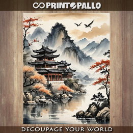 Tintenzeichnung Japanische Pagode auf Herbstsee - Seidenpapier