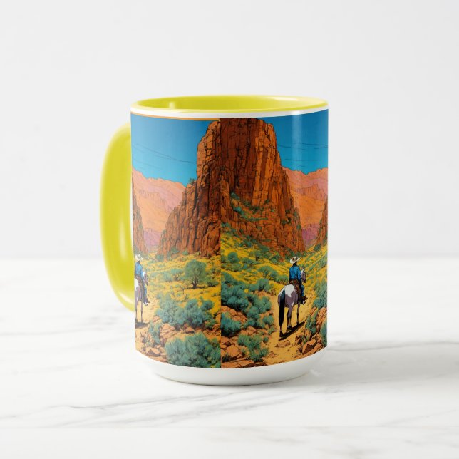 Tintin Style Cowboy | Lebhafte Canyon Szene Tasse (Vorderseite Links)