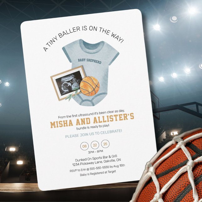 Tiny Baller Basketball Baby Dusche Einladung (Basketball-themed baby shower invite for your future MVP, personalized perfectly.)