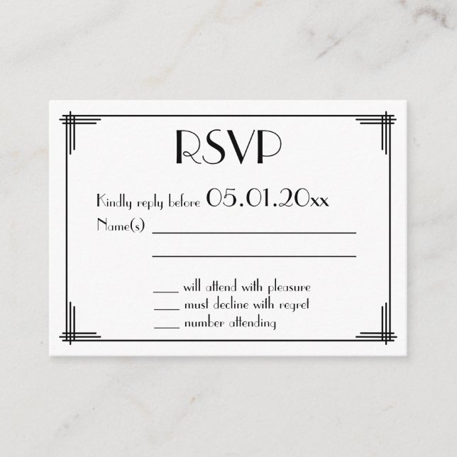 Tiny Black Gold Great Art Deco Wedding RSVP Begleitkarte (Vorderseite)
