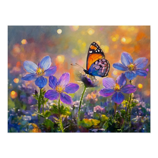 Tiny Butterfly On Wildblumen bei Sunrise Poster (Vorderseite)