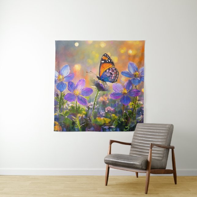 Tiny Butterfly On Wildblumen bei Sunrise Wandteppich (Beispiel)