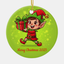Tiny Christmas Elf with Gift Personalized 2025 Keramik Ornament