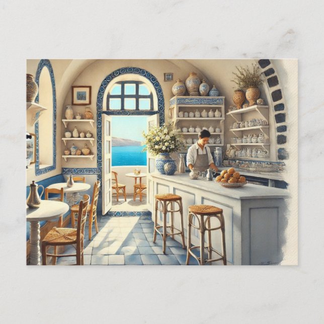 Tiny Coffeeshop in Santorini Postkarte (Vorderseite)