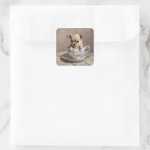 Tiny Delight: Chihuahua-Welpe in einem Teacup, Quadratischer Aufkleber
