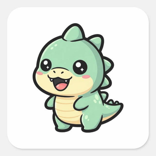 Tiny Dinosaur – Cute Kawaii Illustration Quadratischer Aufkleber (Vorderseite)