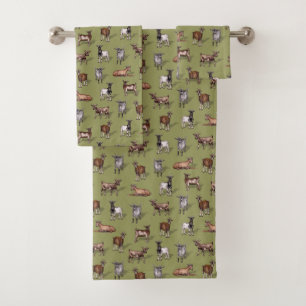 Tiny Goats on Green - Goat Herd Pattern Badhandtuch Set