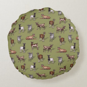 Tiny Goats on Green - Goat Herd Pattern Rundes Kissen