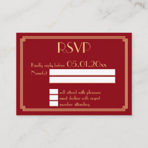 Tiny Great Gatsby Art Deco Red Gold Wedding RSVP Begleitkarte