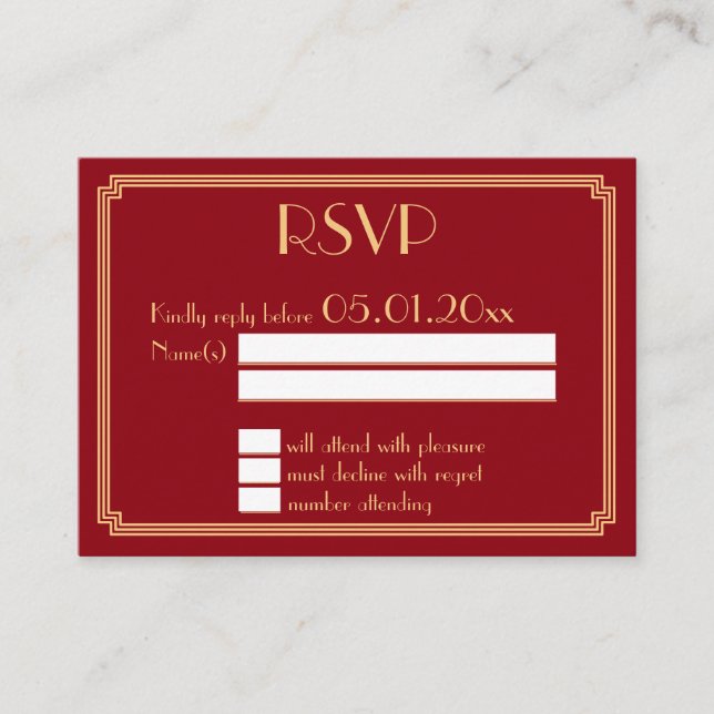 Tiny Great Gatsby Art Deco Red Gold Wedding RSVP Begleitkarte (Vorderseite)