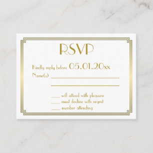 Tiny Great Gatsby Art Deco White Gold Wedding RSVP Begleitkarte
