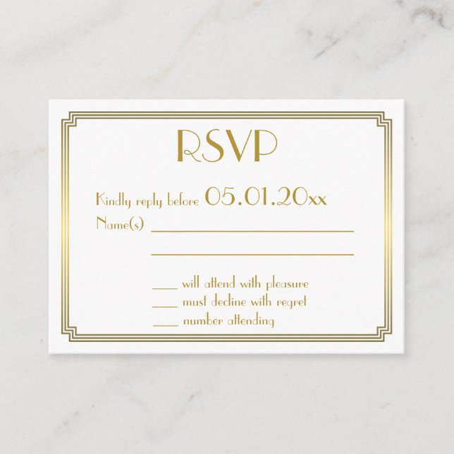 Tiny Great Gatsby Art Deco White Gold Wedding RSVP Begleitkarte (Vorderseite)